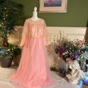 Long formal ball style Pink tulle dress with sleeves